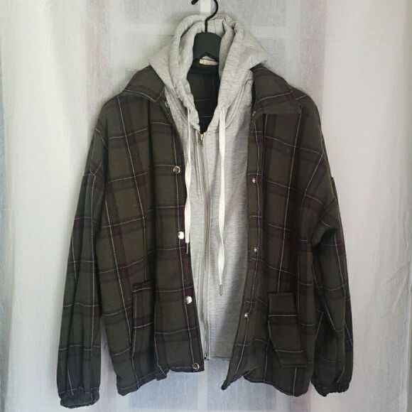 ALTAR'D STATE Plaid Fleece Hooded Shacket Green Y2K 90's Grunge Slouchy Size S - Picture 1 of 9